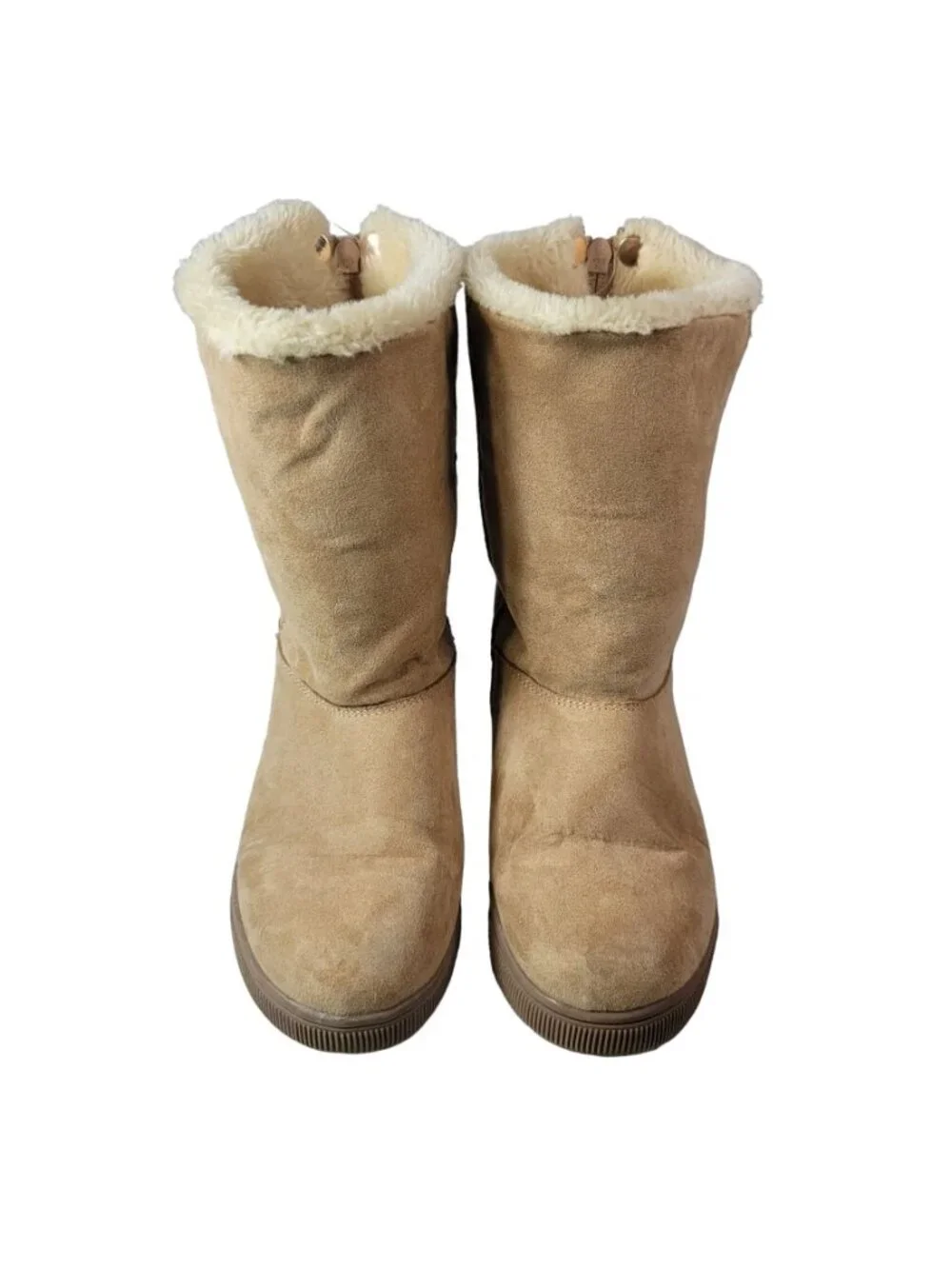 Cat & Jack Girls Fold Down Boots Tan SZ 2 Zip Snap Round Toe Faux Fur Faux Suede
